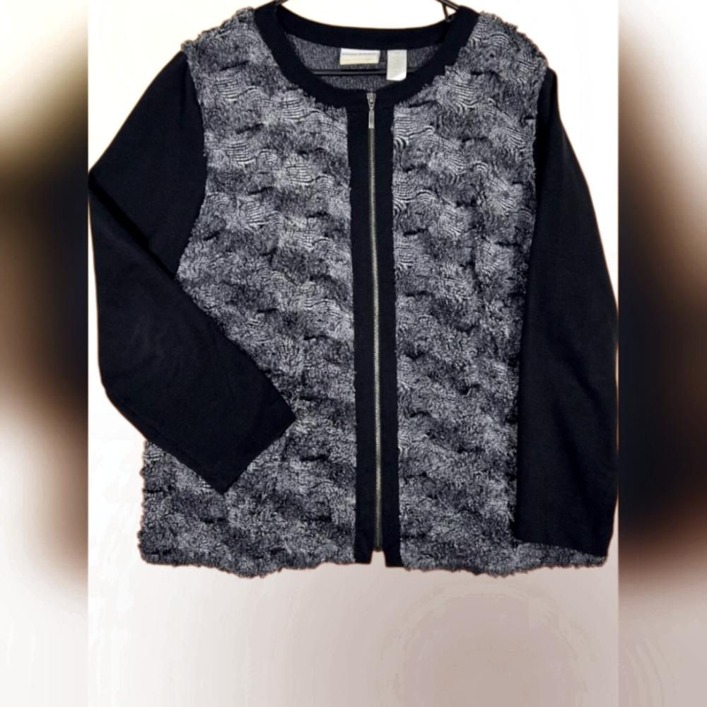 Alfred Dunner Womens Plus Size 16W Zip Up Faux Fur Top Jacket Shacket Black Gray